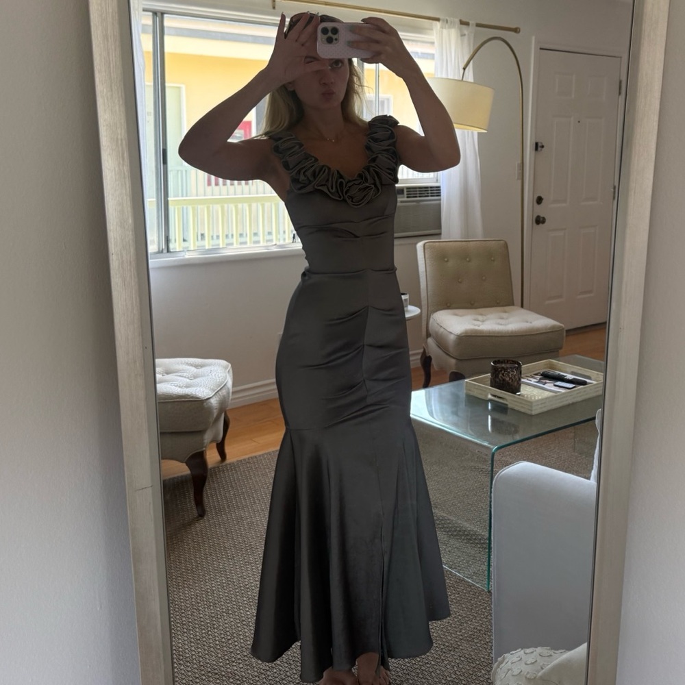 Elegant Gray Ruffled Halter Evening Gown -  Cache